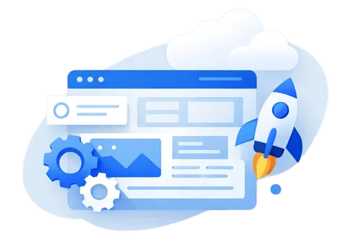 Custom software development services with web application interface, automation gears, and rocket launch representing digital growth