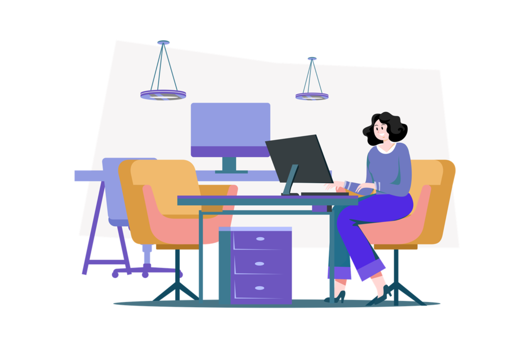 Female employee working on computer in modern office environment